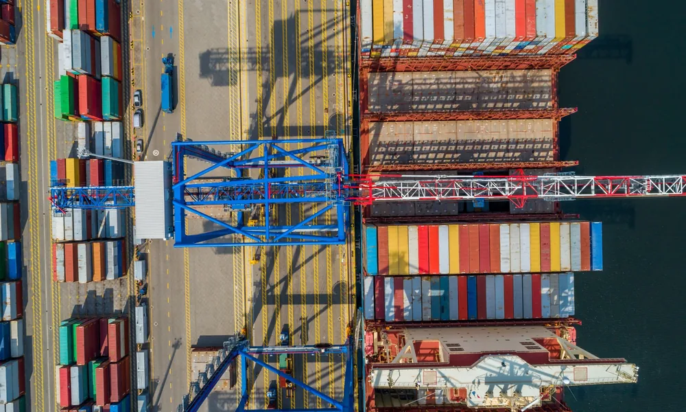 FastCargo24 intermodal transport Container terminal viewed from above during intermodal handling