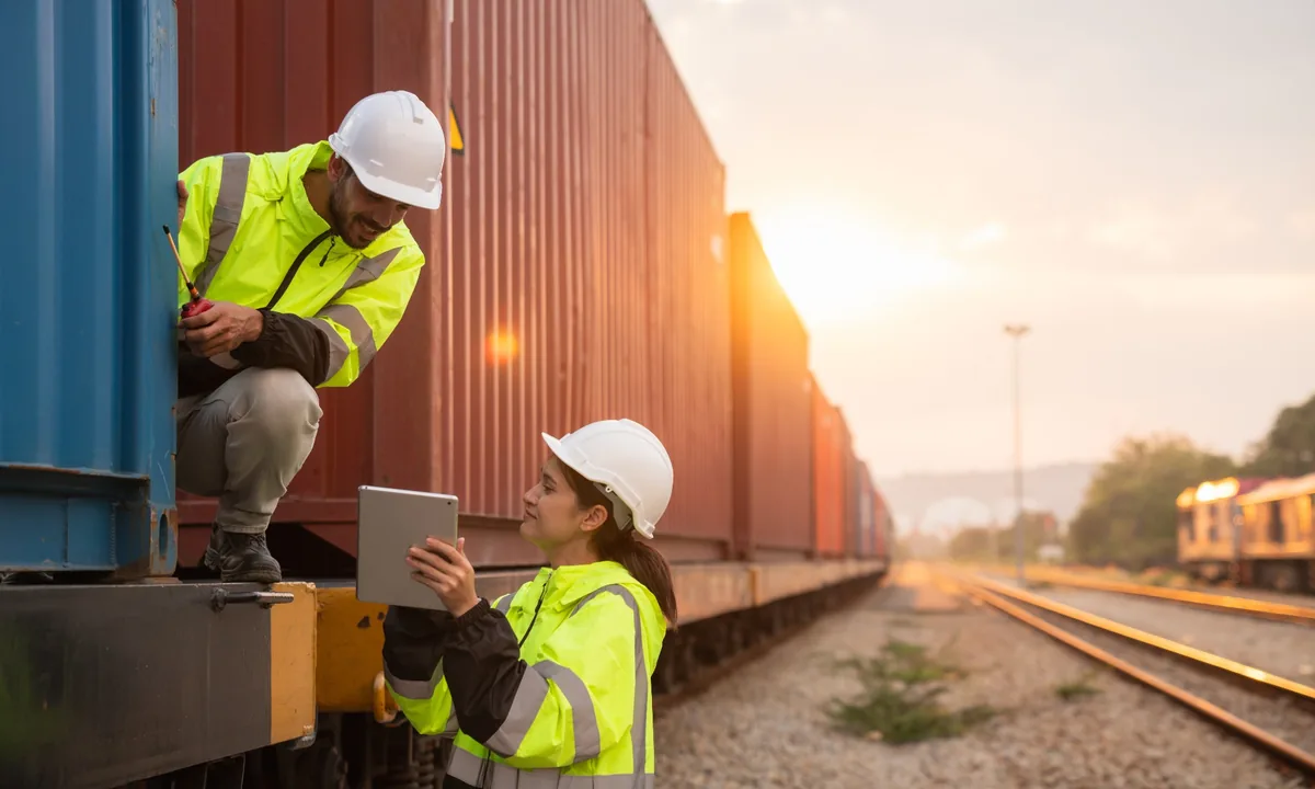 Logistics workers checking cargo near rail containers